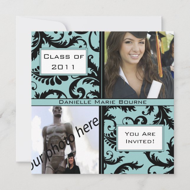 Black Damask Aqua Blue Graduation Invitation (Front)