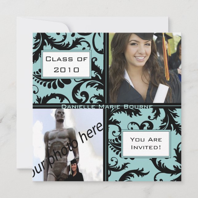 Black Damask Aqua Blue Graduation Invitation (Front)