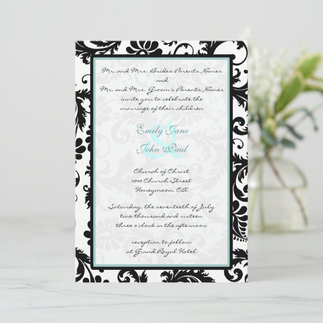 Black Damask Aqua Blue Monogram Wedding Invitation (Standing Front)