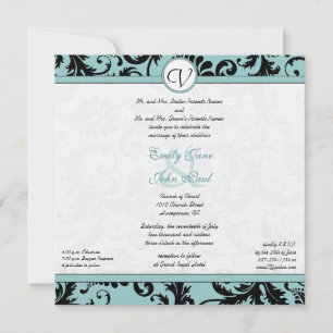 Black Damask Aqua Blue Wedding Invitation