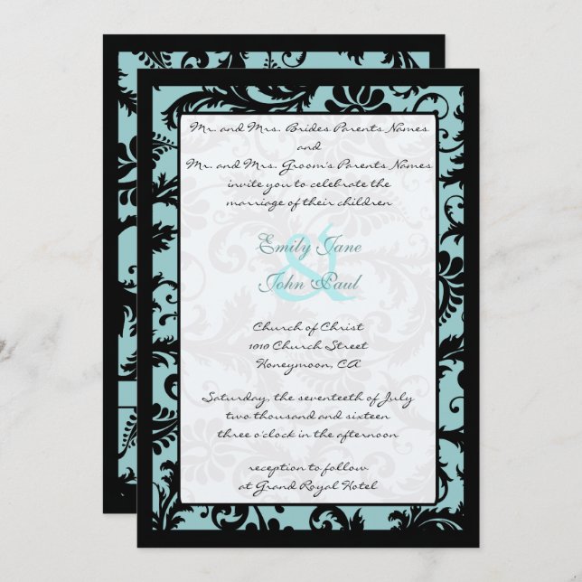 Black Damask Aqua Blue Wedding Invitation (Front/Back)