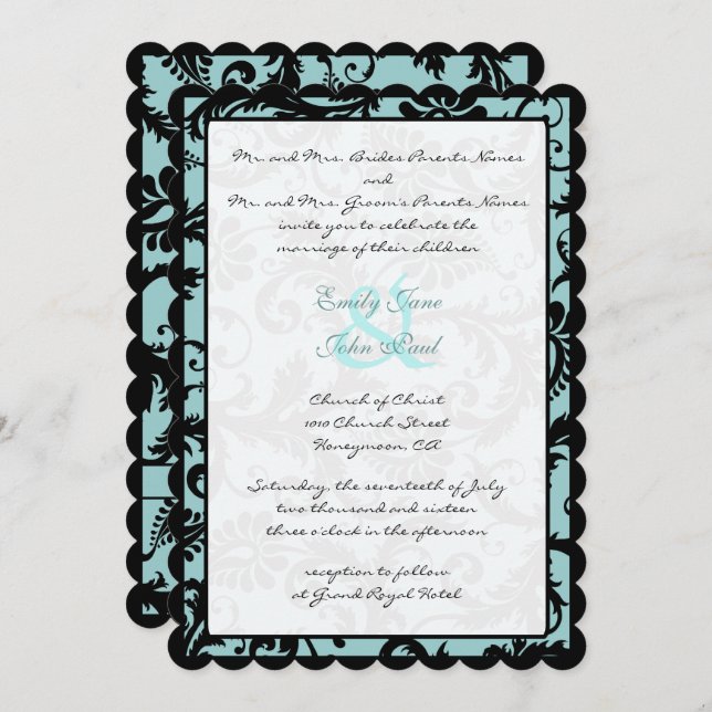 Black Damask Aqua Blue Wedding Invitation (Front/Back)