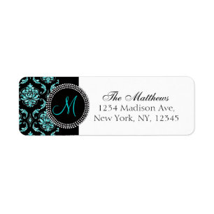 Black Damask Aqua Glitter Printed Monogram