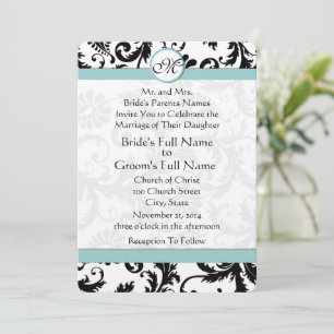 Black Damask Aqua Pool Blue Wedding Invitation