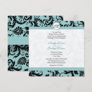 Black Damask Aqua Pool Blue Wedding Invitation