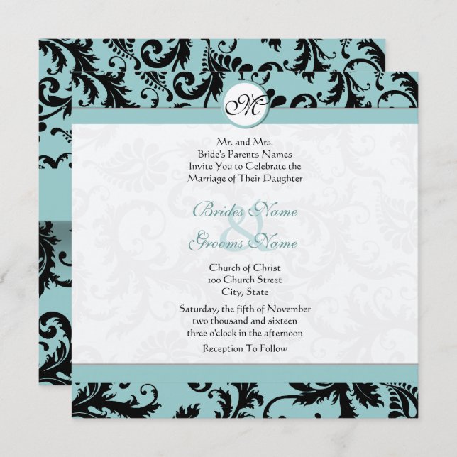 Black Damask Aqua Pool Blue Wedding Invitation (Front/Back)