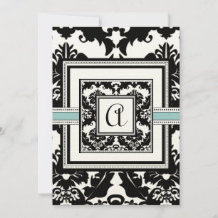 Black Damask Aqua Trim Hearts Wedding Invitations