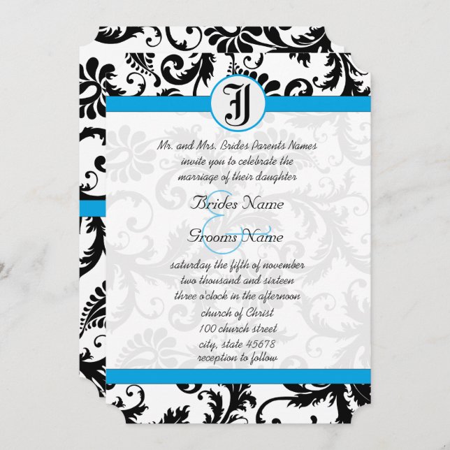 Black Damask Aquamarine Trim Wedding Invitations (Front/Back)
