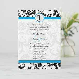 Black Damask Aquamarine Trim Wedding Invitations