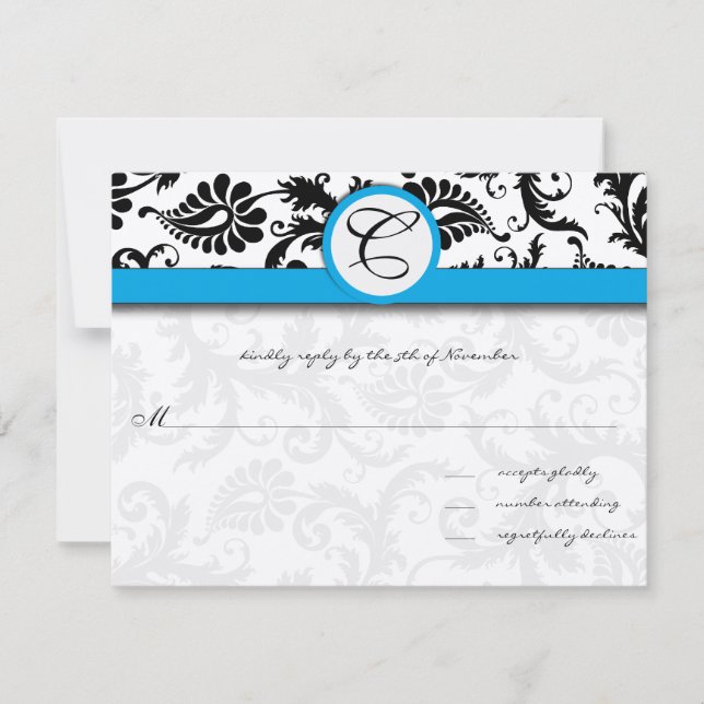 Black Damask Aquamarine Trim Wedding Invitations (Front)
