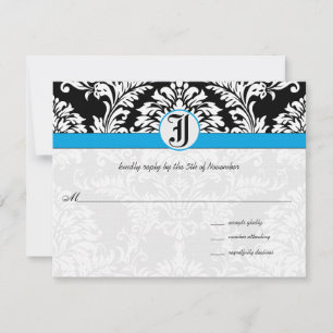 Black Damask Aquamarine Trim Wedding RSVP Cards