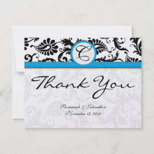 Black Damask Aquamarine Trim Wedding Thank You Card