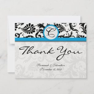 Black Damask Aquamarine Trim Wedding Thank You Card