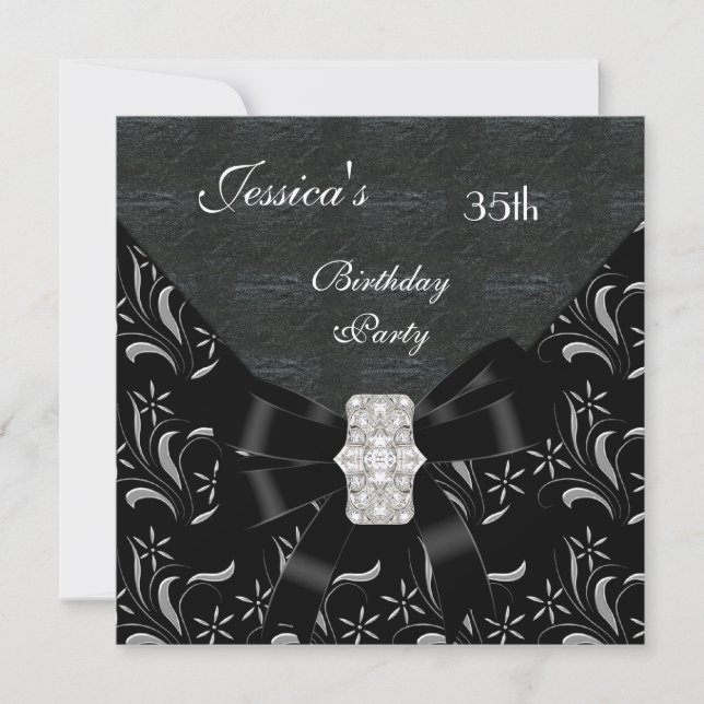 Black Damask Black Invitation White Silver 35th Bi (Front)