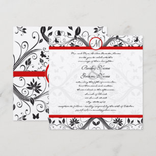 Black Damask Butterfly Swirls Red Trim Wedding Invitation