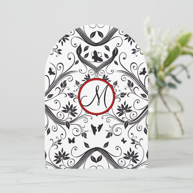Black Damask Butterfly Swirls Red Wedding Invites (Standing Front)