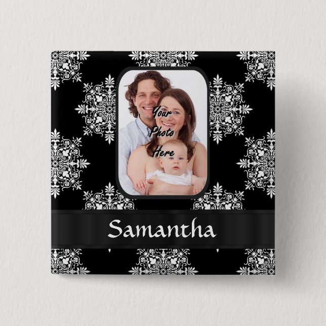 Black damask custom photo 15 cm square badge (Front)