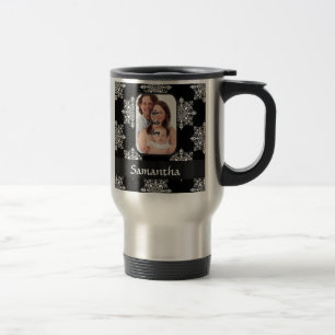 Black damask custom photo travel mug