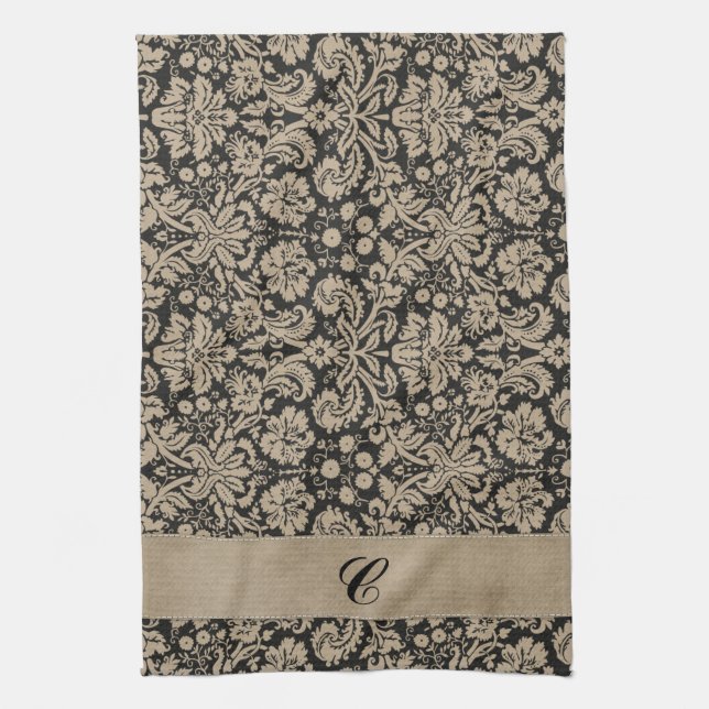 Black Damask Dark Pattern Strip Tea Towel (Vertical)