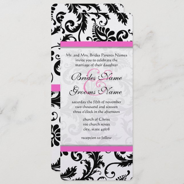 Black  Damask  Deep Pink Trim Wedding Invitation (Front/Back)