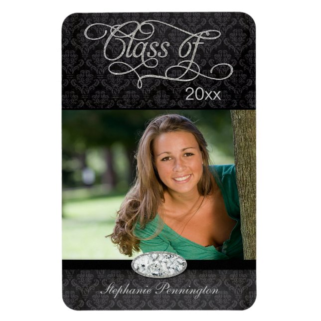 Black damask diamond graduation photo magnet (Vertical)