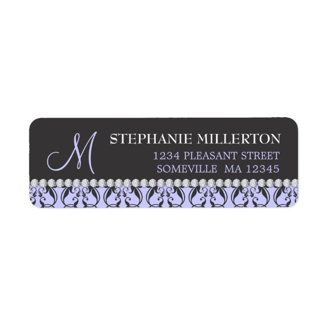 Black Damask & Diamonds Monogram Address Label (Front)