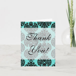 black damask elegance on aqua blue thank you card
