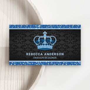 Black Damask Faux Blue Glitter Royal Crown Business Card