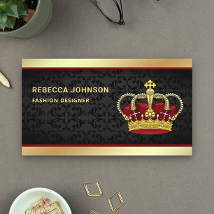 Black Damask Faux Gold Foil Red Crown Business Card