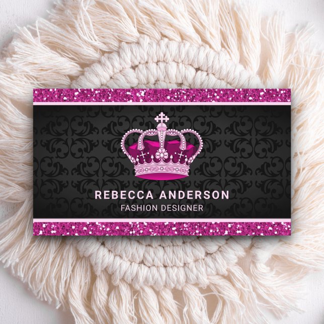 Black Damask Faux Hot Pink Glitter Royal Crown Business Card (Creator Uploaded)