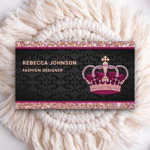 Black Damask Faux Rose Gold Glitter Pink Crown Business Card
