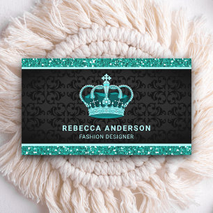 Black Damask Faux Teal Mint Glitter Royal Crown Business Card