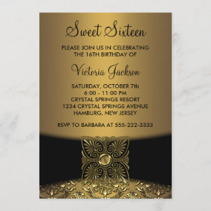 Black Damask Gold Classy Sweet Sixteen Party Invitation