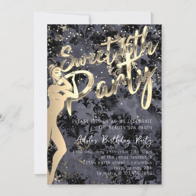 Black Damask Gold Confetti Sweet 16th Party  Invitation (Front)