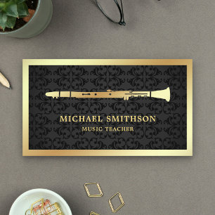 Black Damask Gold Foil Clarinet Music Teacher Business Card