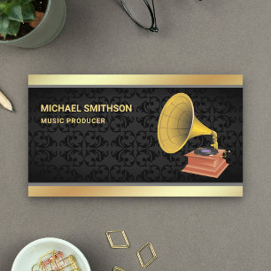 Black Damask Gold Foil Gramophone Music Producer Business Card