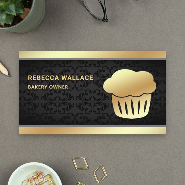 Black Damask Gold Foil Homemade Cupcake Bakery Business Card (Creator Uploaded)