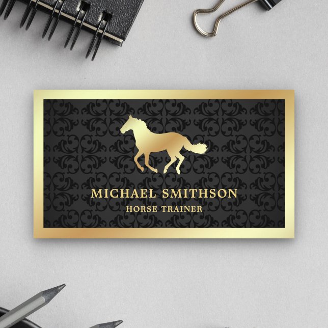 Black Damask Gold Foil Horse Riding Instructor Business Card (Creator Uploaded)
