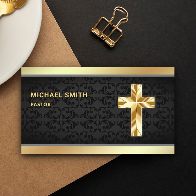 Black Damask Gold Foil Jesus Christ Cross Pastor Business Card (Creator Uploaded)
