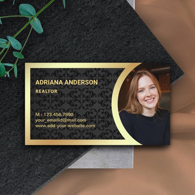 Black Damask Gold Foil Real Estate Photo Realtor Business Card (Creator Uploaded)