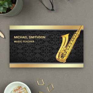 Black Damask Gold Foil Saxophone Music Teacher Business Card
