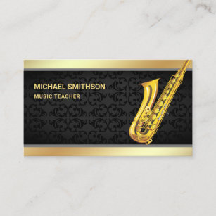 Black Damask Gold Foil Saxophone Music Teacher Business Card