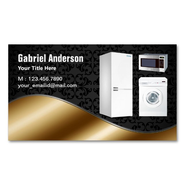 Black Damask Gold Home Appliances Repair Magnetic Business Card (Front)