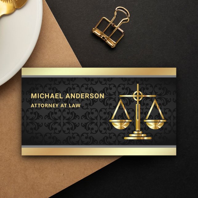 Black Damask Gold Justice Scale Lawyer Attorney Business Card (Creator Uploaded)