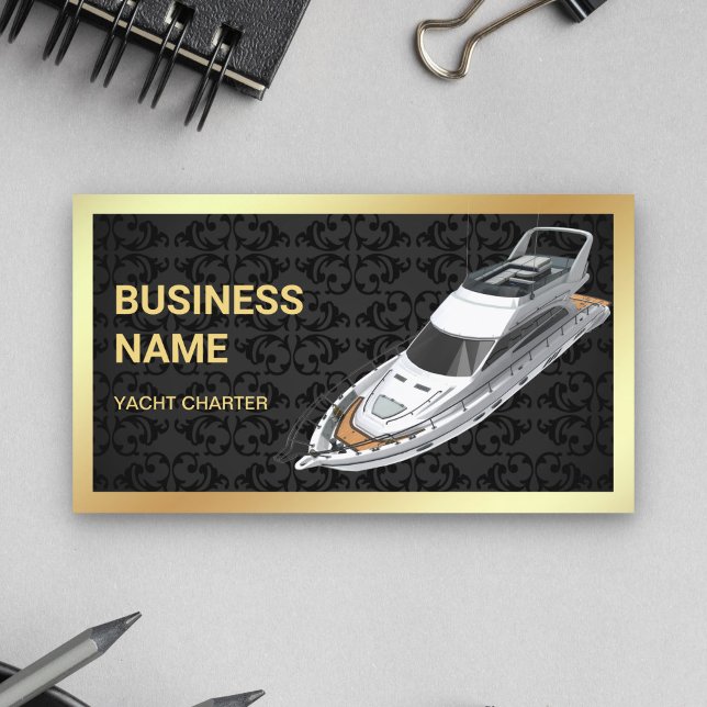 Black Damask Gold Luxury Yacht Charter Business Card (Creator Uploaded)