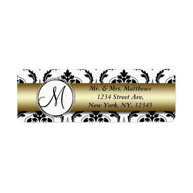 Black Damask Gold Monogram Return Address (Front)