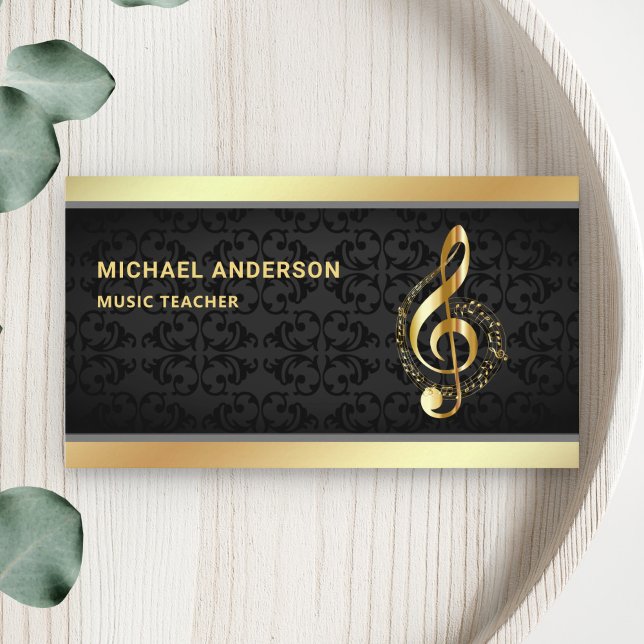 Black Damask Gold Musical Note Clef Music Teacher Business Card (Creator Uploaded)