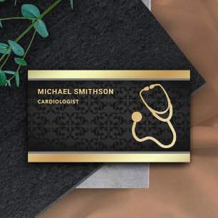 Black Damask Gold Stethoscope Medical Professional Business Card