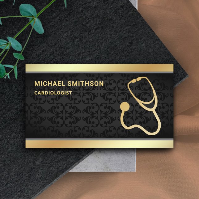 Black Damask Gold Stethoscope Medical Professional Business Card (Creator Uploaded)