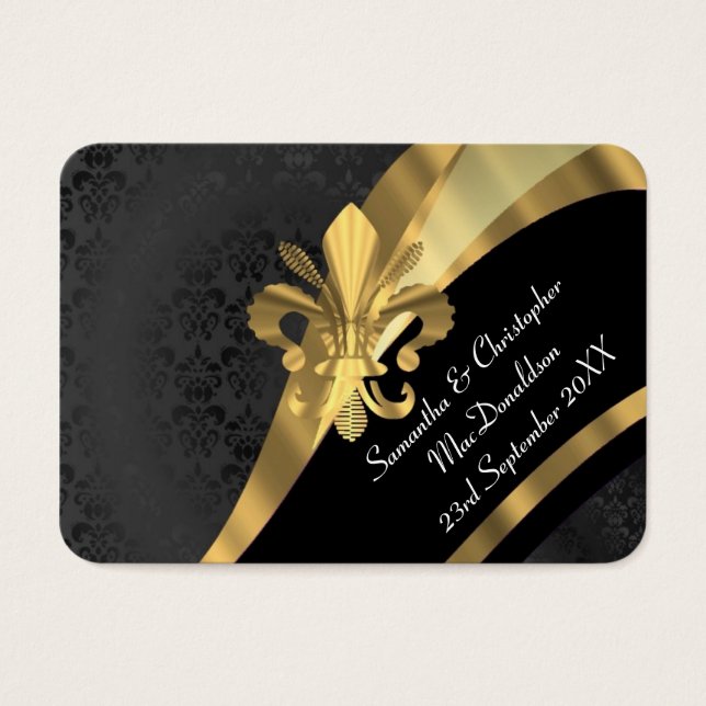 Black damask, gold wedding favour thank you tag (Front)